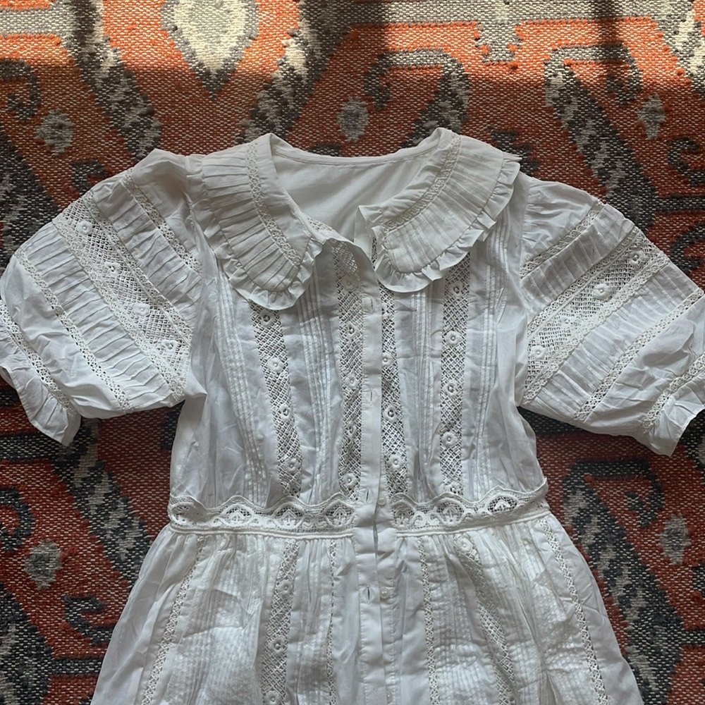 White Lace-Trim Puff Sleeve Dress - Picture 11 of 12